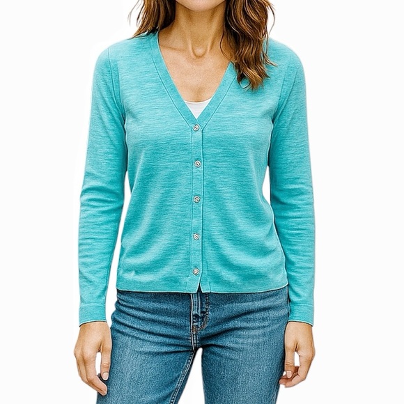 Eileen Fisher Organic Linen Blend Cardigan Sz S Petite Aqua Blue V Neck - Picture 1 of 13
